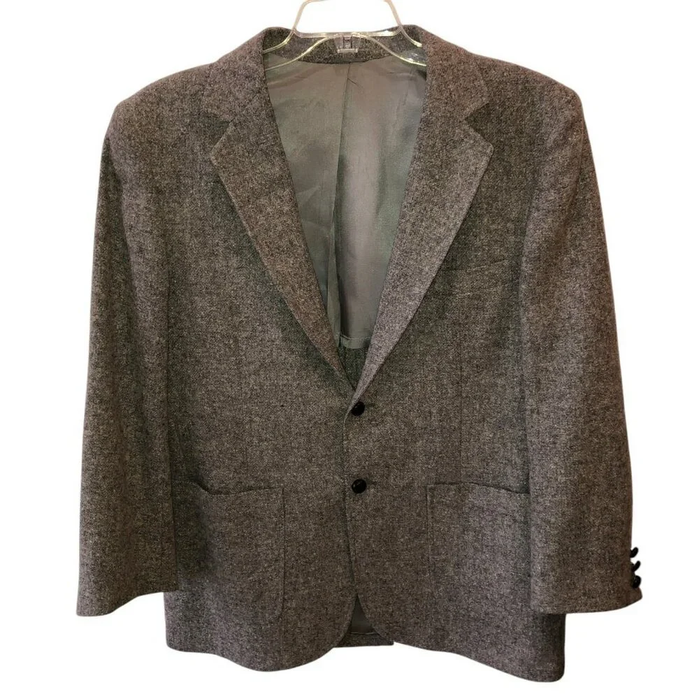 VTG 43 R Gray Wool Blend Tweed ELBOW PATCHES Suit Jacket Coat 43R Academia